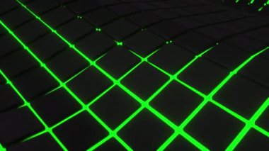 Wavy surface made of black cubes with green glowing background. Abstract geometric animation loop. 3D rendering