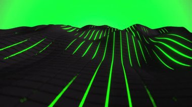 Wavy surface made of black cubes with green glowing background. Abstract geometric animation loop. 3D rendering