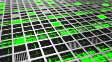 Hareketli futuristik teknolojik veya endüstriyel arka plan yeşil parlayan elemanları ile metal ızgarlar yapılır. Soyut arka plan. 3B görüntü oluşturma animasyonu