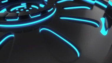 Koyu futuristik animasyonlu teknolojik arka plan mavi parlayan çizgiler ile dönen silindir şekilleri yapılmıştır. Soyut arka plan döngüsü. 3B görüntü oluşturma animasyonu