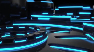 Koyu futuristik animasyonlu teknolojik arka plan mavi parlayan çizgiler ile dönen silindir şekilleri yapılmıştır. Soyut arka plan döngüsü. 3B görüntü oluşturma animasyonu