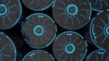 Koyu futuristik animasyonlu teknolojik arka plan mavi parlayan çizgiler ile dönen silindir şekilleri yapılmıştır. Soyut arka plan döngüsü. 3B görüntü oluşturma animasyonu