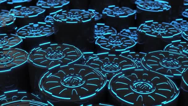 黑暗未来派动画技术背景由旋转圆柱形状与蓝色发光线 抽象背景循环 渲染动画 — 图库视频影像