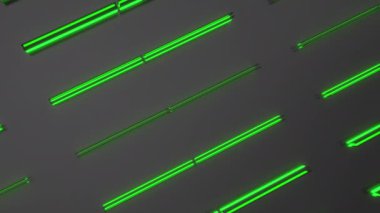 Yeşil parlayan elemanları ile koyu fütüristik teknolojik veya endüstriyel arka plan. Soyut animasyonlu döngü. 3d render animasyonu