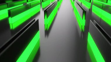 Yeşil parlayan elemanları ile koyu fütüristik teknolojik veya endüstriyel arka plan. Soyut animasyonlu döngü. 3d render animasyonu