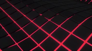 Kırmızı parlayan arka plan ile siyah küpler yapılmış dalgalı yüzey. Soyut geometrik animasyon döngüsü. 3d render