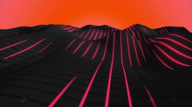 Kırmızı parlayan arka plan ile siyah küpler yapılmış dalgalı yüzey. Soyut geometrik animasyon döngüsü. 3d render