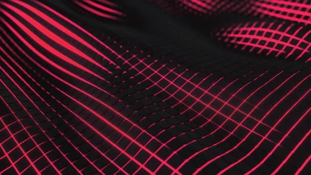 赤い輝く背景を持つ黒い立方体で作られた波状の表面 抽象的な幾何学的アニメーションループ レンダリング — ストック動画
