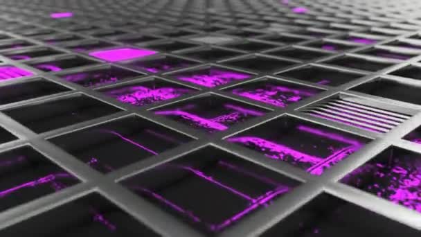 紫色の輝く要素を持つ金属格子から作られたアニメーション未来的な技術や産業の背景 抽象的な背景 レンダリング アニメーション — ストック動画
