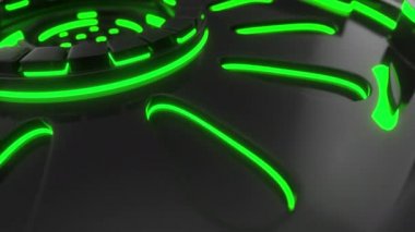 Yeşil parlayan çizgiler ile dönen silindir şekillerinden yapılmış koyu fütüristik animasyonlu teknolojik arka plan. Soyut arka plan döngüsü. 3d render animasyonu