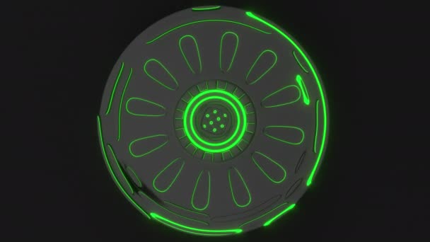 黑暗未来派动画技术背景由旋转圆柱形状与绿色发光线 抽象背景循环 渲染动画 — 图库视频影像