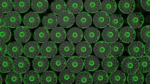 Dark Futuristic Animated Technological Background Made Rotating Cylinder Shapes Green — Stock Video