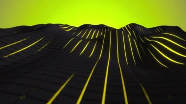 Sarı parlayan arka plan ile siyah küpler yapılmış dalgalı yüzey. Soyut geometrik animasyon döngüsü. 3d render