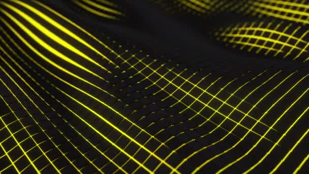 黄色の輝く背景を持つ黒い立方体で作られた波状の表面 抽象的な幾何学的アニメーションループ レンダリング — ストック動画