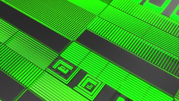 Fond technologique animé futuriste foncé réalisé à partir de formes extrudées avec des lignes vertes rayonnantes. Boucle de fond abstraite. Animation de rendu 3D 