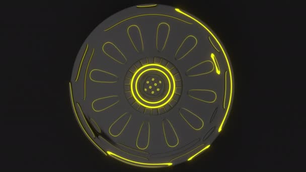 黄色の輝く線を持つ回転シリンダー形状から作られた暗い未来的なアニメーション技術の背景 抽象バックグラウンド ループ レンダリング アニメーション — ストック動画