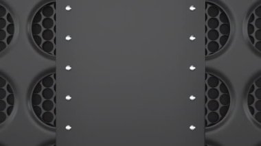 Animasyonlu siyah banner şablonu. Dairesel ızgara arka plan üzerinde perçinler ile dikdörtgen plaka. 3d render animasyonu