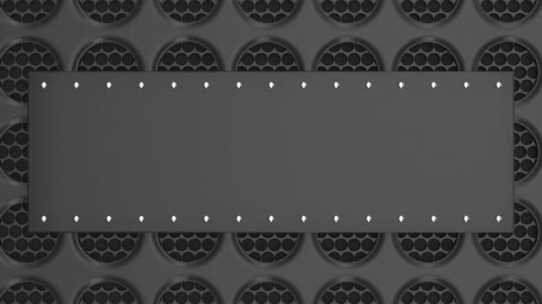 Шаблон Анимированного Чёрного Баннера Прямоугольная Пластина Заклепками Круглом Фоне Решетки — стоковое видео