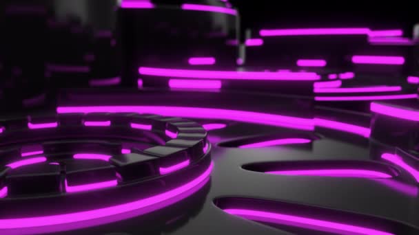 Тёмный Футуристический Анимированный Технологический Фон Вращающихся Цилиндров Фиолетовыми Светящимися Линиями — стоковое видео