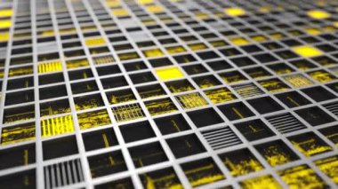 Sarı parlayan elemanlar ile metal ızgaralar yapılmış animasyonlu fütüristik teknolojik veya endüstriyel arka plan. Soyut arka plan. 3d render animasyonu