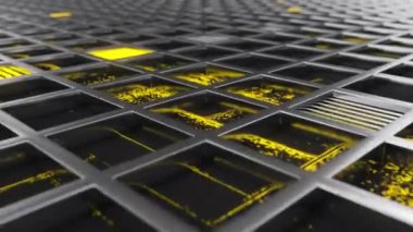 Sarı parlayan elemanlar ile metal ızgaralar yapılmış animasyonlu fütüristik teknolojik veya endüstriyel arka plan. Soyut arka plan. 3d render animasyonu