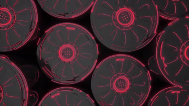 Dark Futuristic Animated Technological Background Made Rotating Cylinder Shapes Red — Stock Video