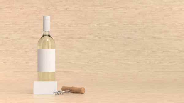 Flasche Weißwein mit Visitenkarte und Korkenzieher — Stockfoto