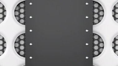 Animasyonlu siyah beyaz banner şablonu. Dairesel ızgara arka plan üzerinde perçinler ile dikdörtgen plaka. 3d render animasyonu