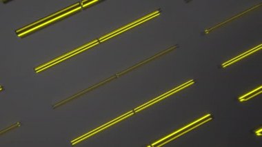 Sarı parlayan elemanları ile koyu fütüristik teknolojik veya endüstriyel arka plan. Soyut animasyonlu döngü. 3d render animasyonu