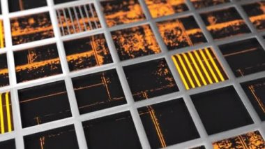 Turuncu parlayan elemanları ile metal ızgaralar yapılmış animasyonlu fütüristik teknolojik veya endüstriyel arka plan. Soyut arka plan. 3d render animasyonu