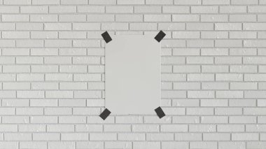 Tuğla duvara bantlanmış boş beyaz dikey poster