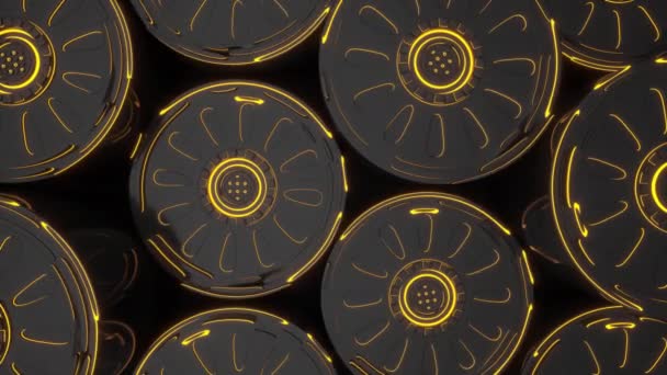 Dark Futuristic Animated Technological Background Made Rotating Cylinder Shapes Orange — Stock Video