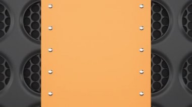 Animasyonlu turuncu ve siyah banner şablonu. Dairesel ızgara arka plan üzerinde perçinler ile dikdörtgen plaka. 3d render animasyonu