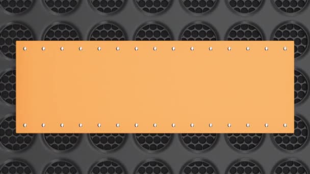 动画橙色和黑色横幅模板 带铆钉的矩形板 位于圆形格栅背景上 渲染动画 — 图库视频影像