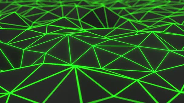 Fond animé abstrait fait de forme polygonale. Surface sombre basse poly déplacée avec des lignes de connexion vertes et éclatantes. boucle d'animation de rendu 3D 