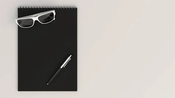 Portátil con gafas de sol y bolígrafo — Foto de Stock