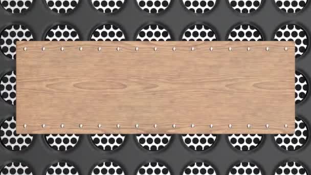 动画木材 黑色和金属横幅模板 带铆钉的矩形板 位于圆形格栅背景上 渲染动画 — 图库视频影像