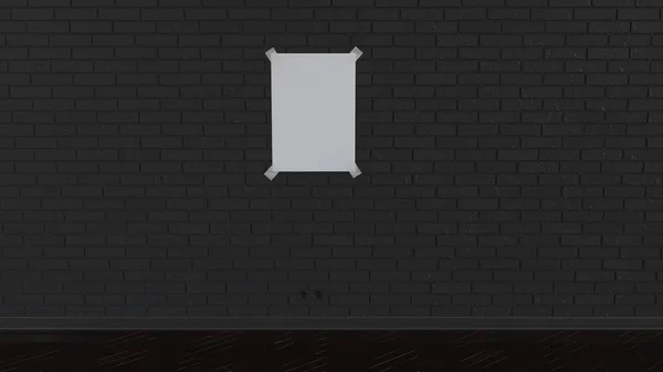 Blank white vertical poster taped to the brick wall