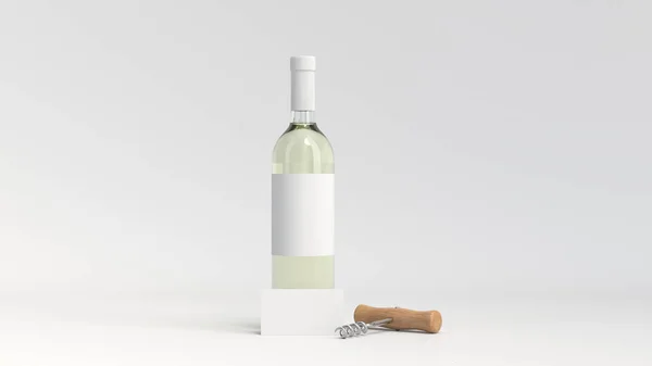 Botella de vino blanco con tarjeta de visita y sacacorchos — Foto de Stock