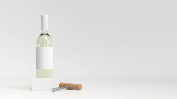 Flaska vitt vin med visitkort och korkskruv — Stockfoto