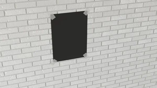 Κενή μαύρη κάθετη αφίσα κολλημένη στον τοίχο του τούβλου — Φωτογραφία Αρχείου