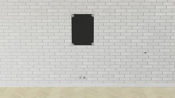 Порожній чорний вертикальний плакат, прикріплений до цегляної стіни — стокове фото