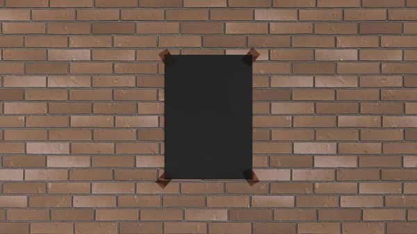 Tuğla duvara bantlanmış boş siyah dikey poster