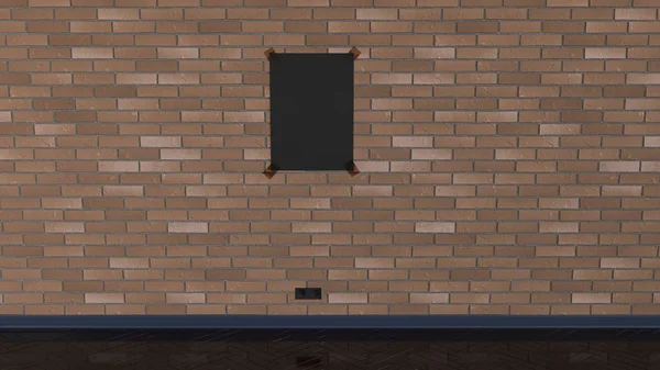 Blank black vertical poster taped to the brick wall