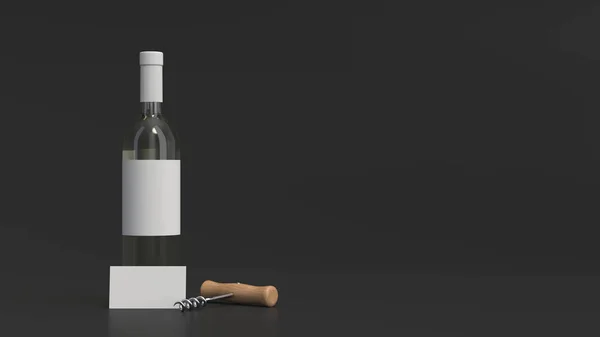 Botella de vino blanco con tarjeta de visita y sacacorchos —  Fotos de Stock