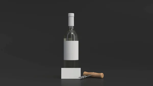 Láhev bílého vína s vizitce a vývrtku — Stock fotografie
