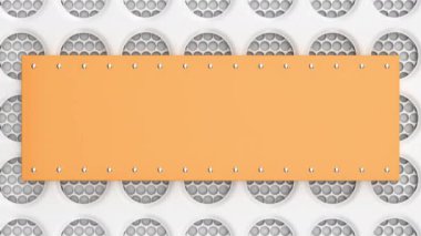 Animasyonlu turuncu ve beyaz afiş. Dairesel ızgara arka plan üzerinde perçinler ile dikdörtgen plaka. 3d render animasyonu