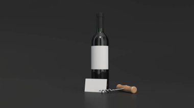 Kartvizit ve tirbuşon ile kırmızı şarap şişesi