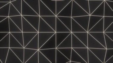 Çokgen şeklinden yapılmış soyut animasyonlu arka plan. Beyaz parlayan bağlantı hatları ile koyu düşük poli yerinden yüzey. 3d render animasyon döngüsü
