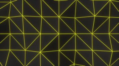 Çokgen şeklinden yapılmış soyut animasyonlu arka plan. Sarı parlayan bağlantı hatları ile koyu düşük poli yerinden yüzey. 3d render animasyon döngüsü